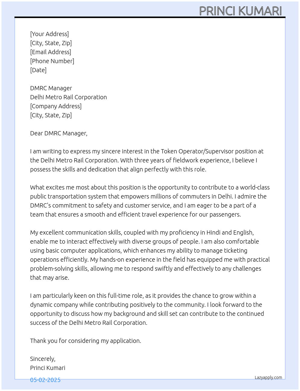 Cover letter for token operator /supervisor - LazyApply