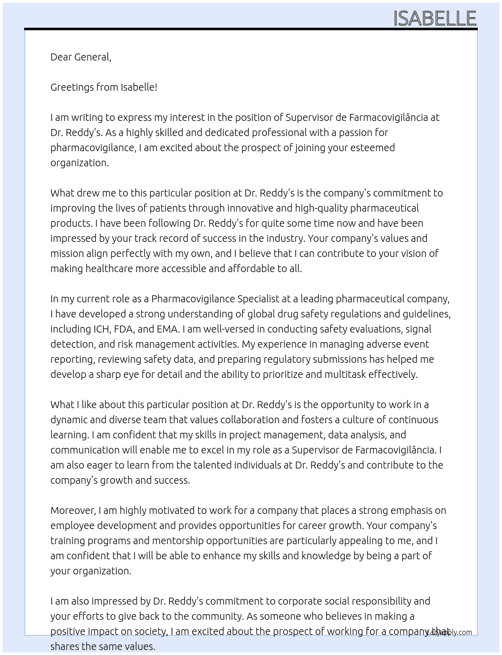 Supervisor de Farmacovigilância At Dr. Reddy's Cover Letter