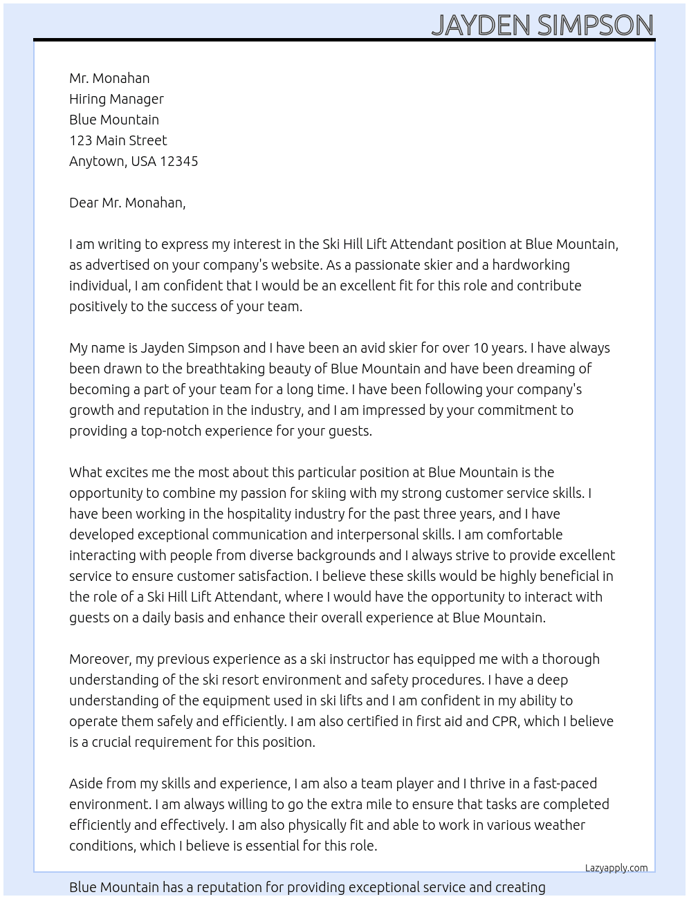 ski hill lift attendent At blue moutain Cover Letter