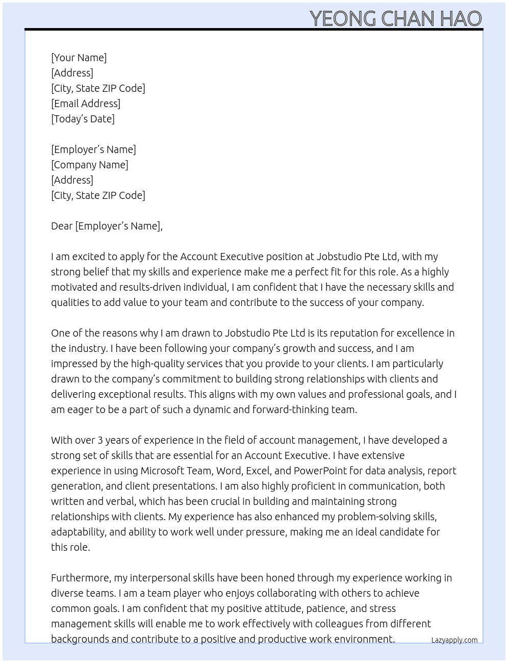 Account executive  At JOBSTUDIO PTE LTD Cover Letter