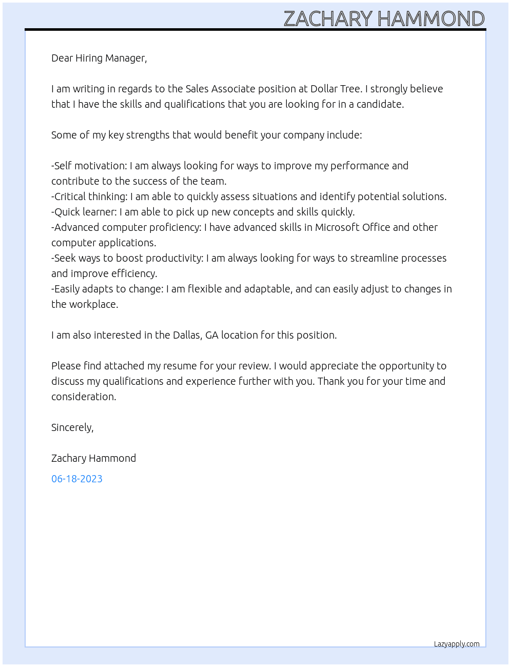 Sales Associate At Dollar Tree Cover Letter