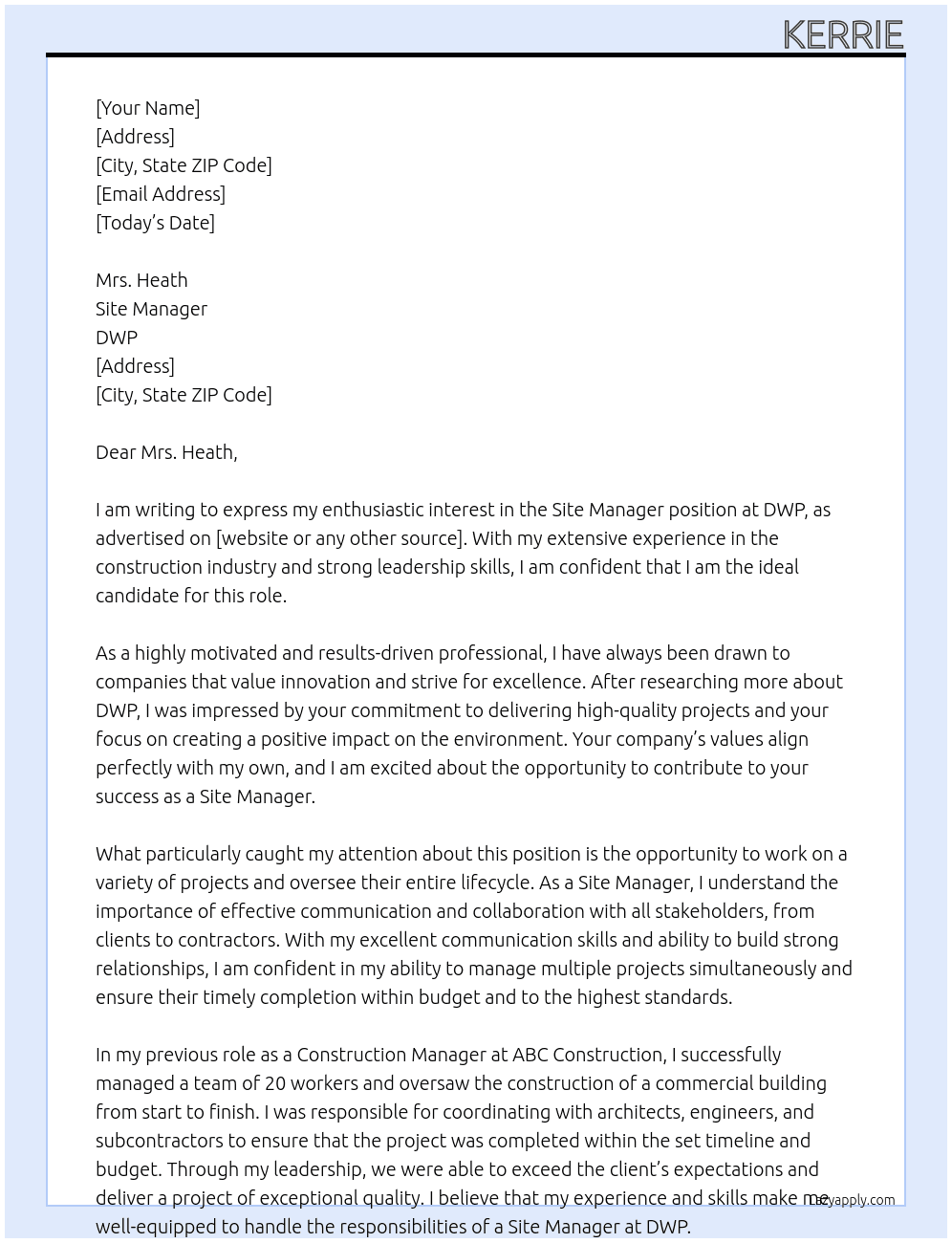 Site Manger At DWP Cover Letter
