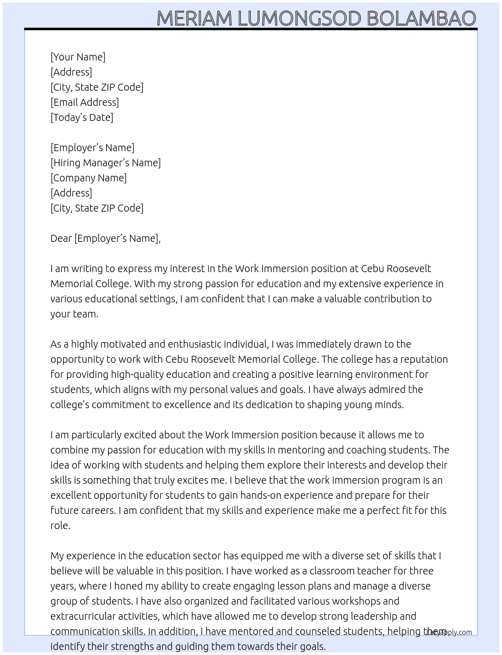 work immersion At Cebu Roosevelt Memorial College Cover Letter