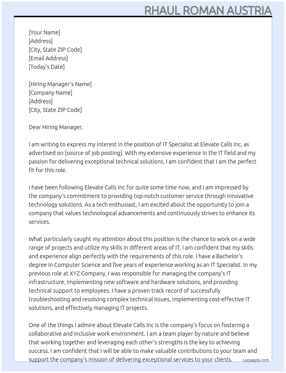 IT Specialist At elevate calls inc Cover Letter