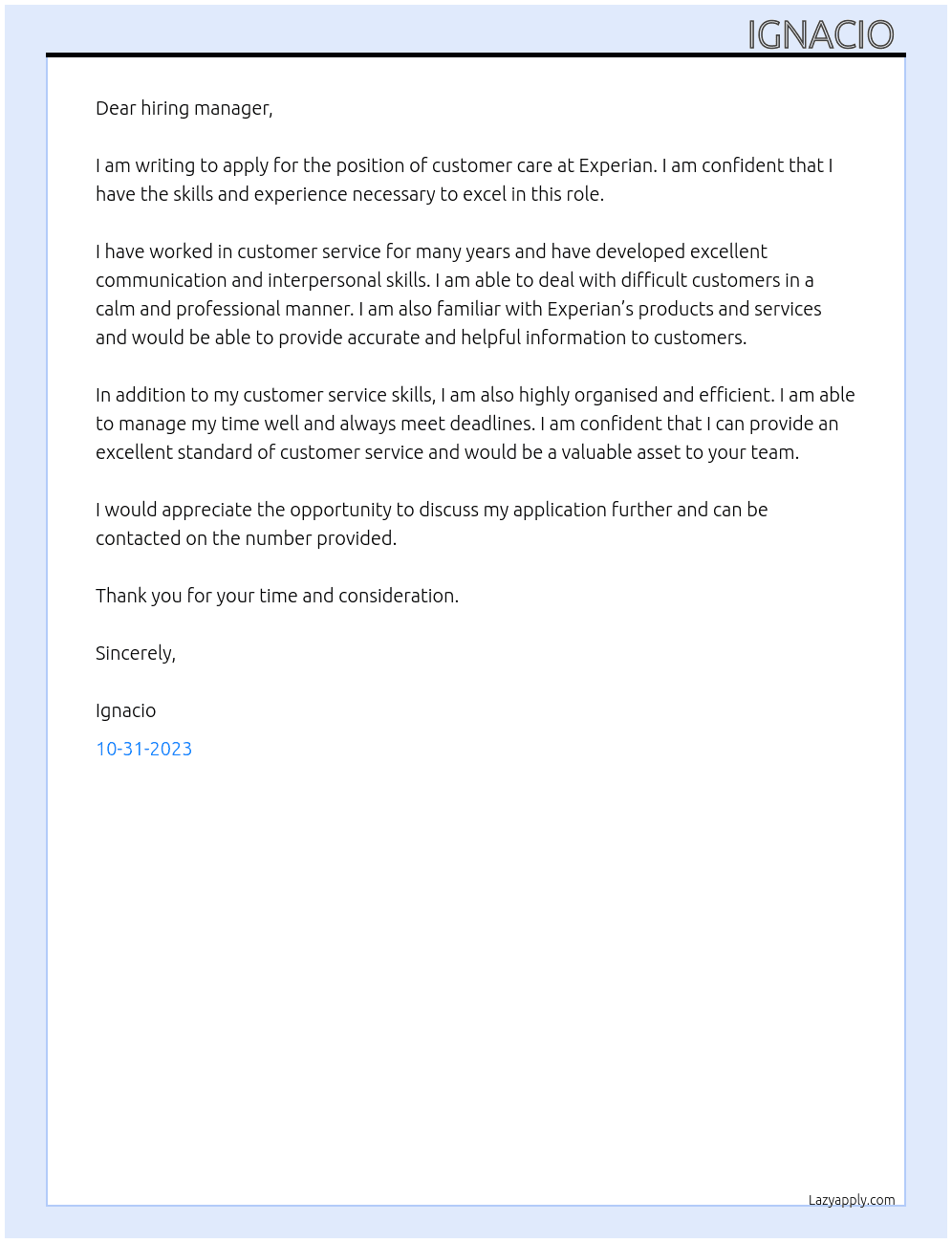 customer care  At experian Cover Letter