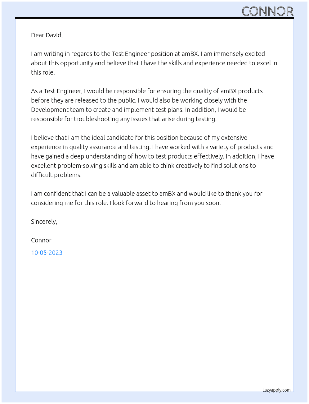 Test Engineer At amBX Cover Letter