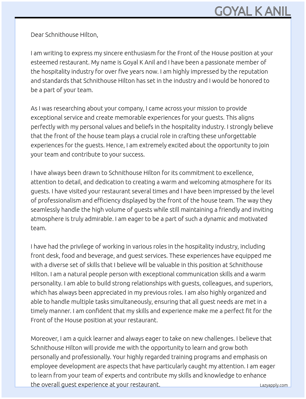 Front of the house At Schnithouse Hilton Cover Letter