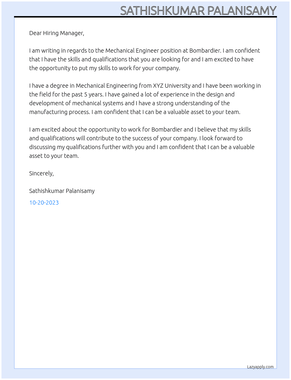 Mechanical Engineer At  Bombardier Cover Letter
