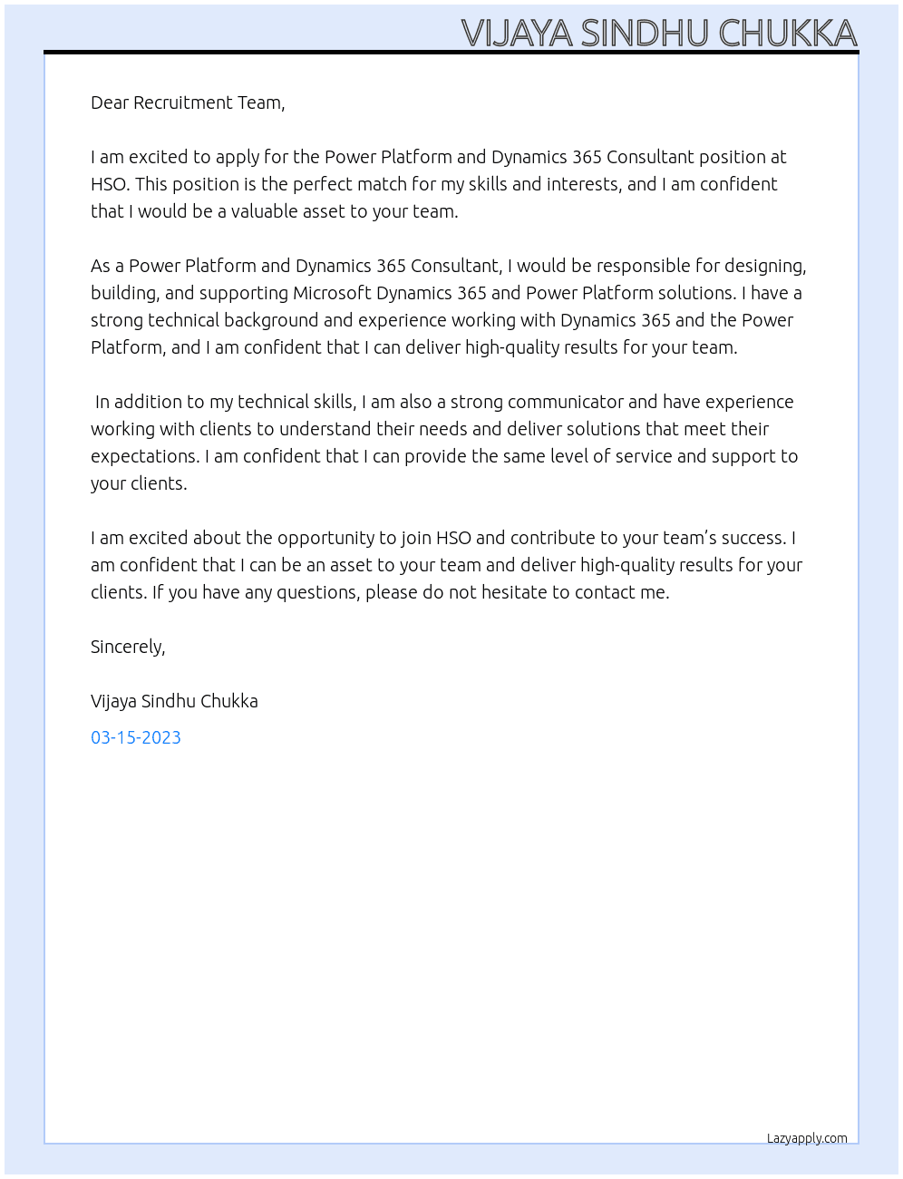 Power Platform and Dynamics 365 Consultant At HSO Cover Letter