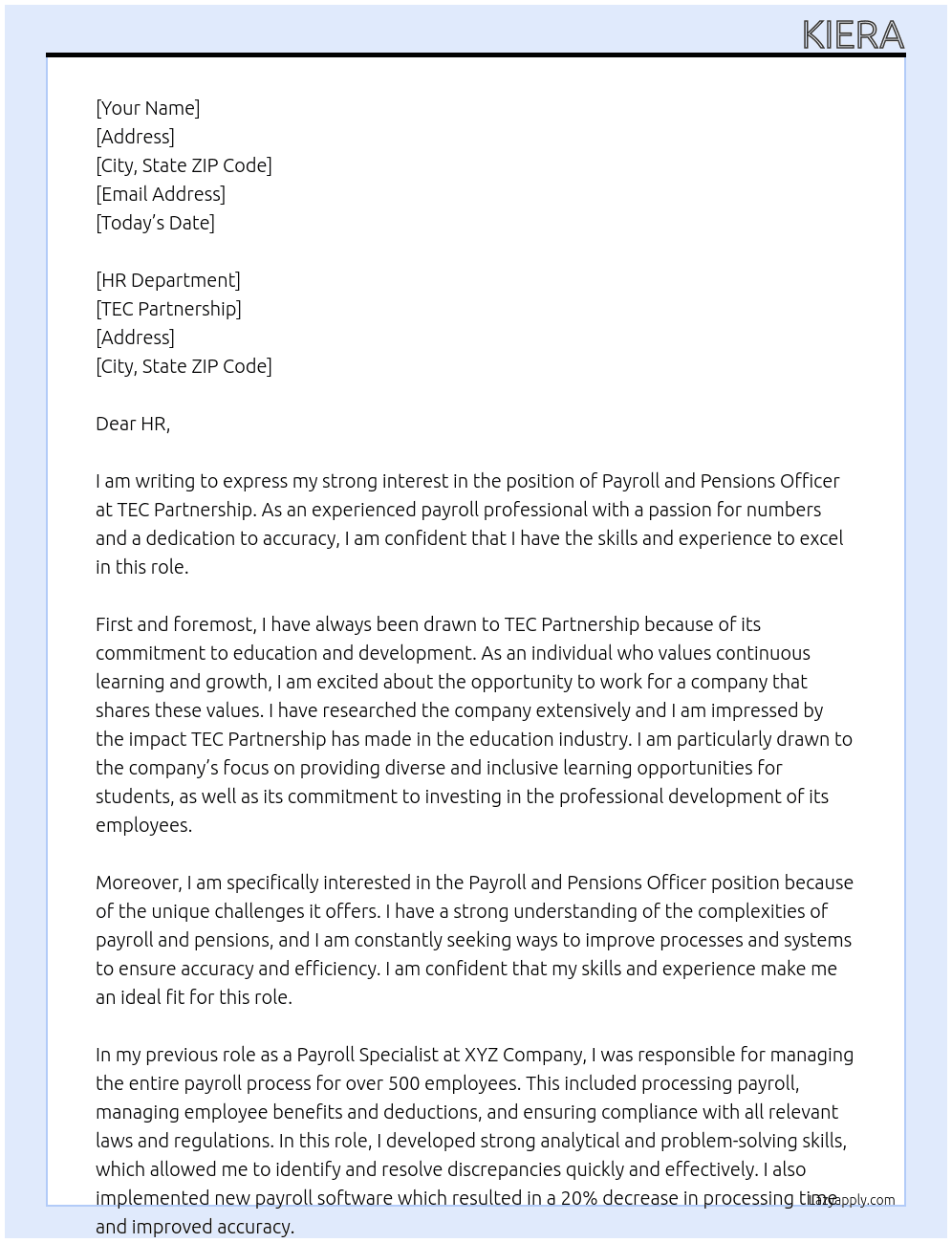 Payroll and Pensions Officer At TEC Partnership Cover Letter