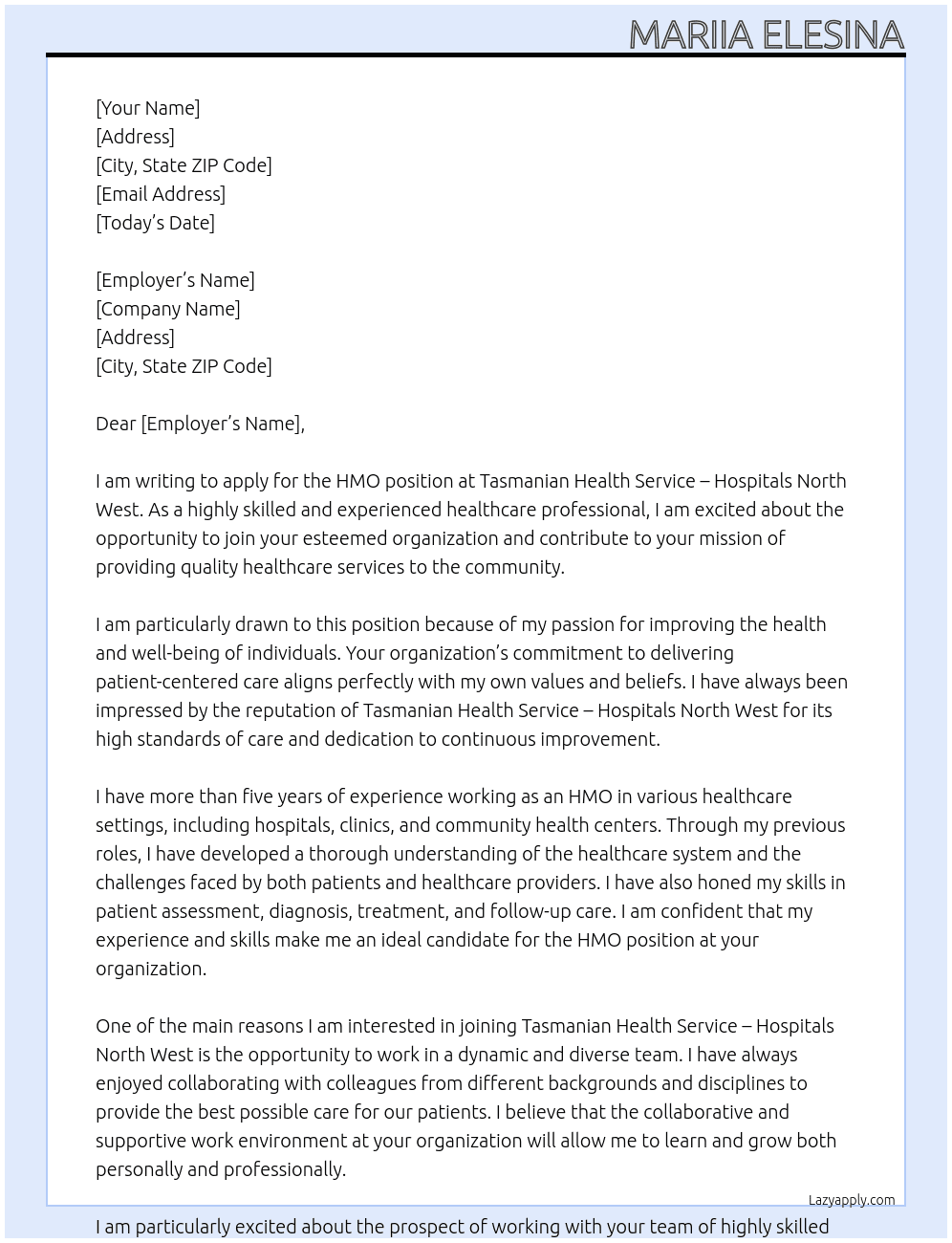 HMO  At Tasmanian Health Service – Hospitals North West Cover Letter