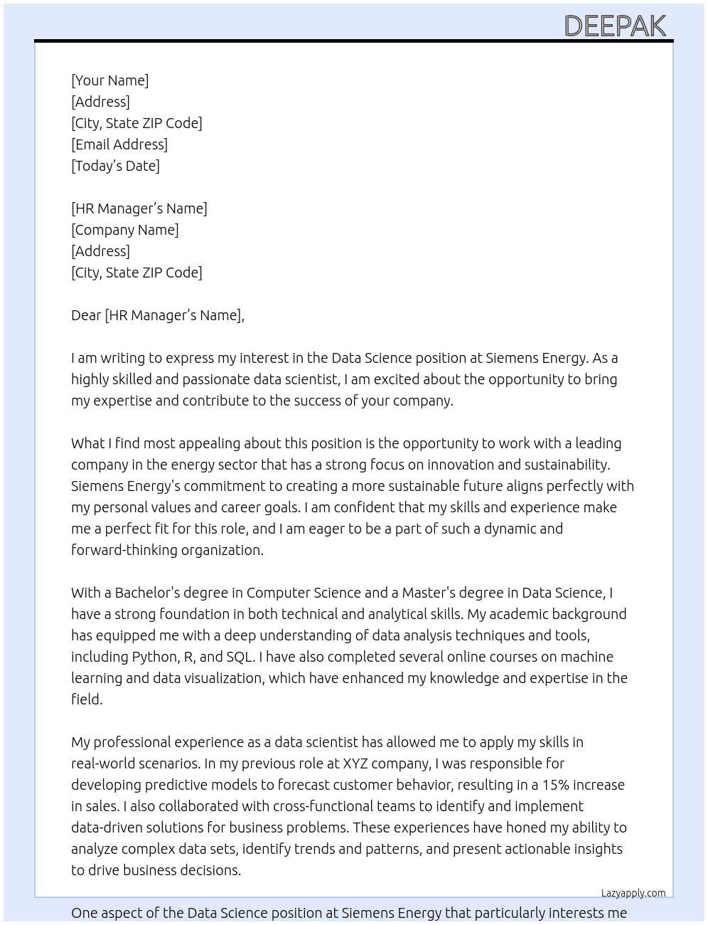 Data Science At Siemens Energy Cover Letter