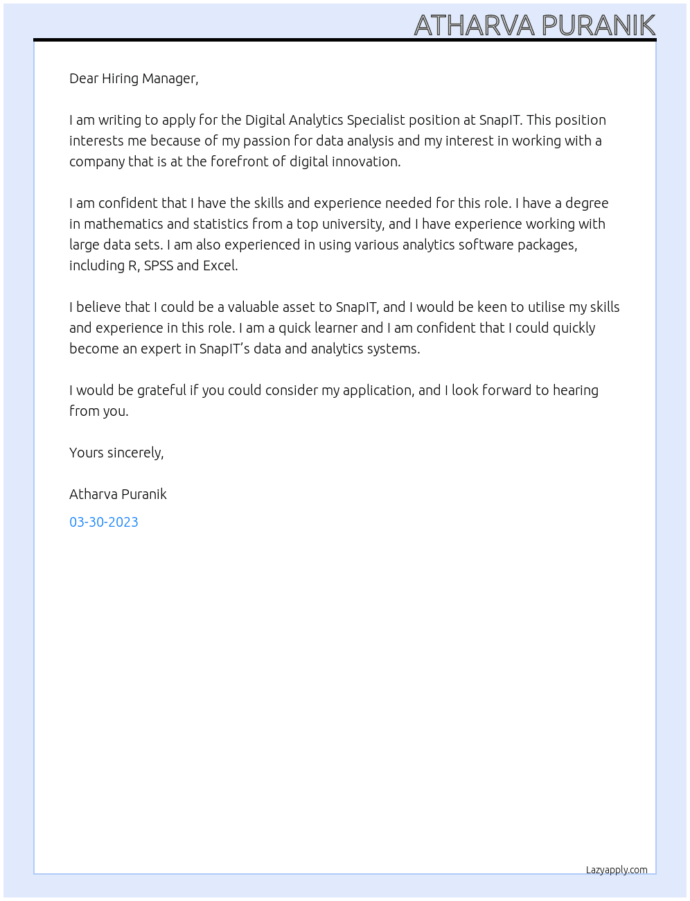 Digital Analytics Specialist At SnapIT Cover Letter