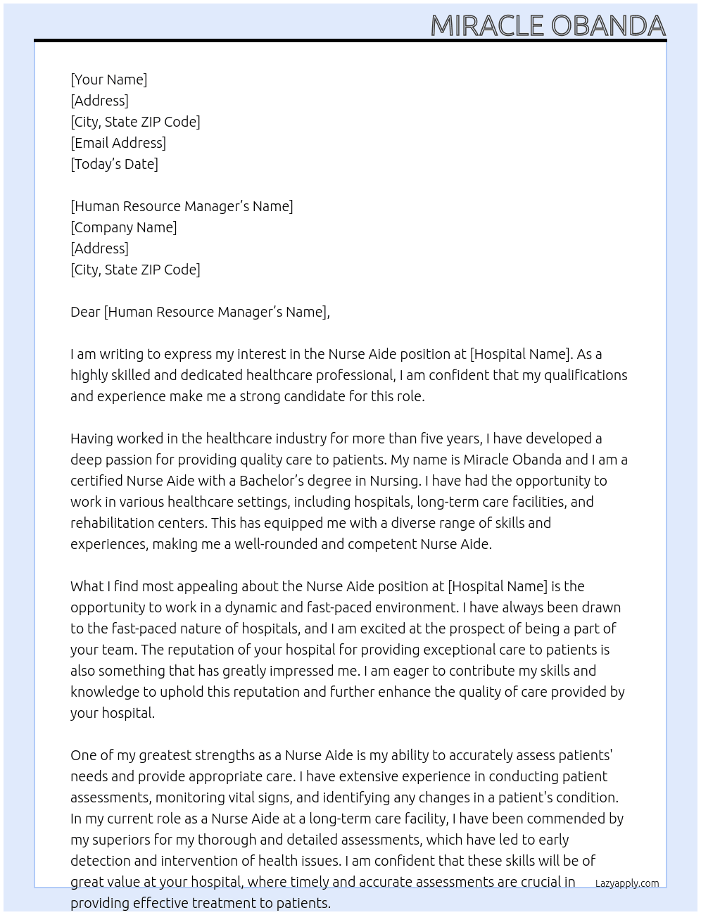 Nurse aide  At Hospital  Cover Letter