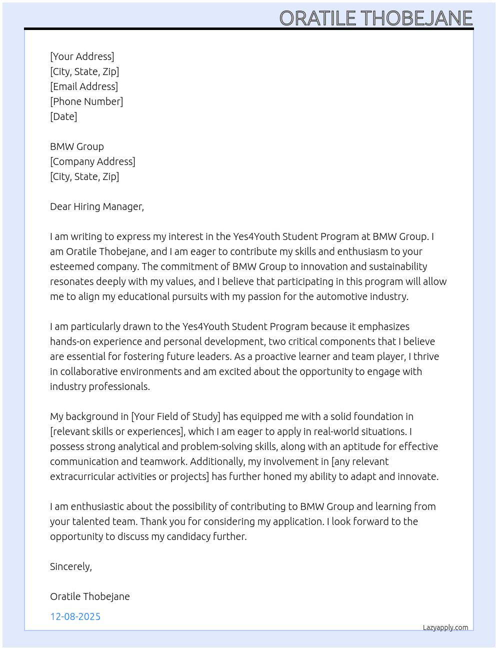 Cover letter for yes4youth student program - LazyApply