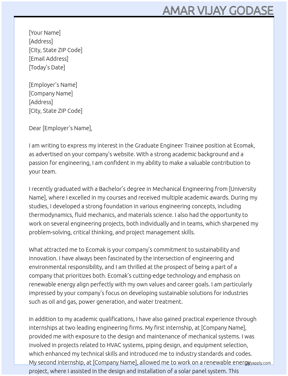 Graduate Engineer Trainee  At Ecomak Cover Letter
