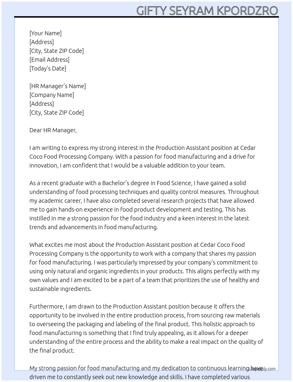 production assistant At Cedar coco food processiong company Cover Letter