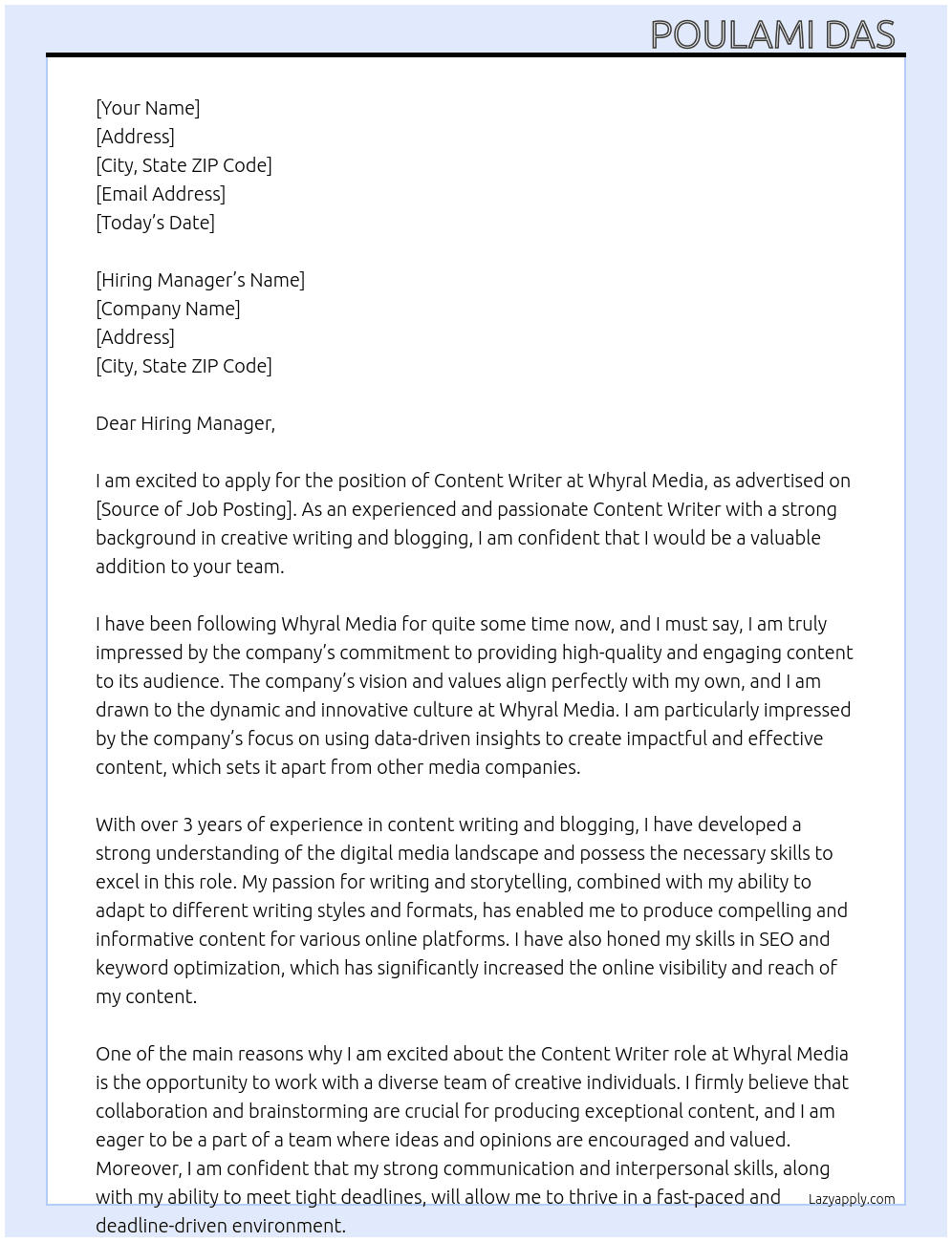 Content writer in media At Whyral media Cover Letter