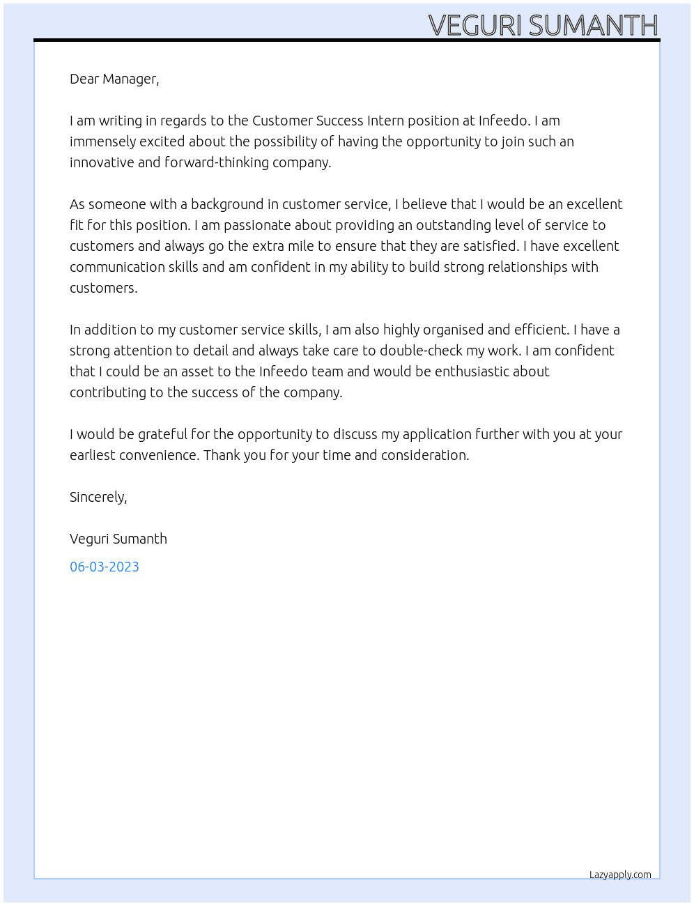 Customer success intern  At Infeedo  Cover Letter