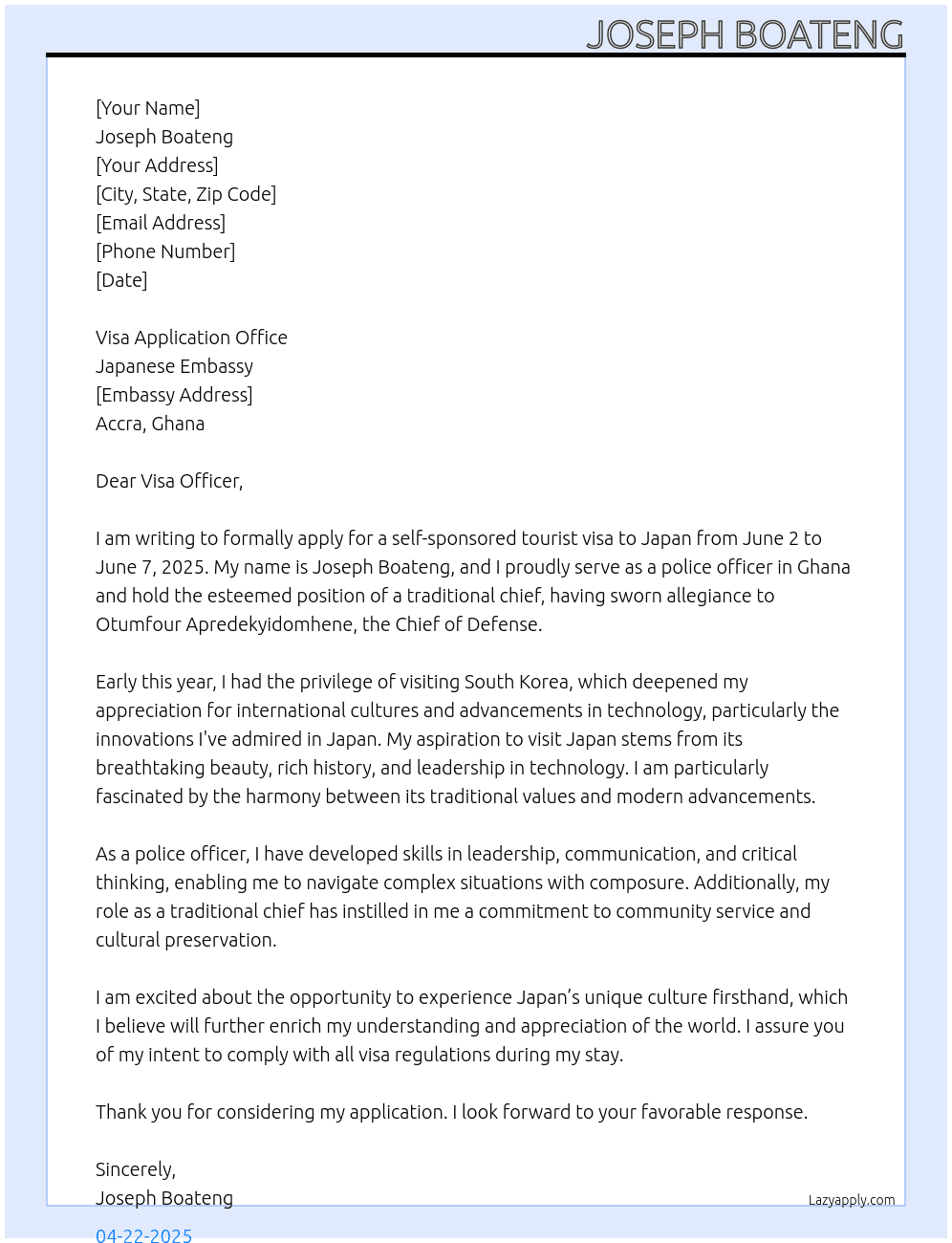 application for self sponsored 6days tourist visa to japan from 2nd june,2025 to 7th june.2025 At japanese embassy[Ghana] Cover Letter