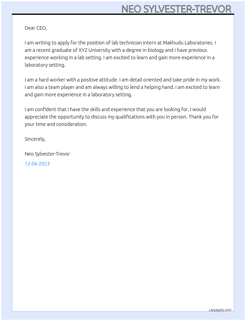 Lab technician intern At Makhudu Laboratories  Cover Letter