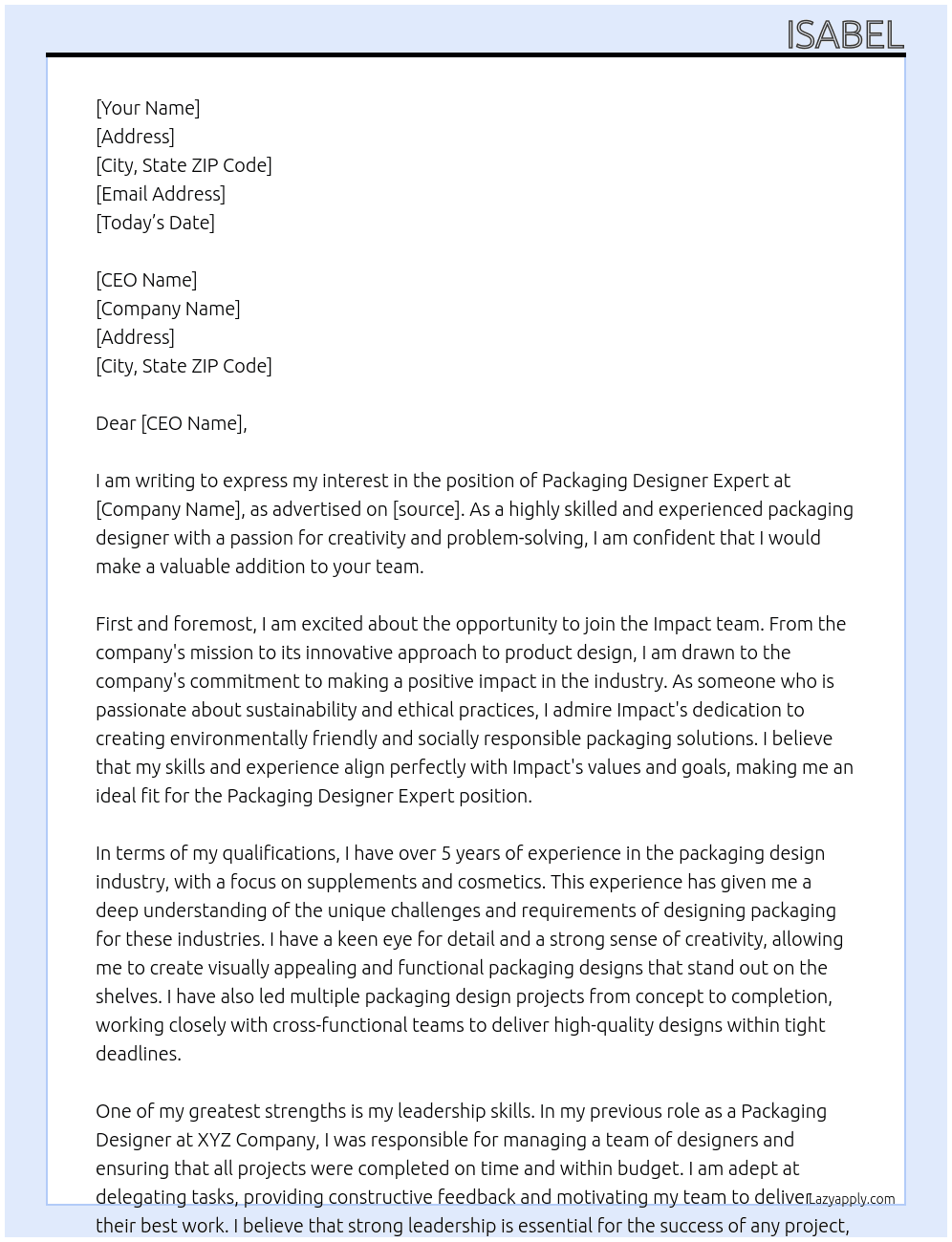 Packaging designer expert At Impact Cover Letter