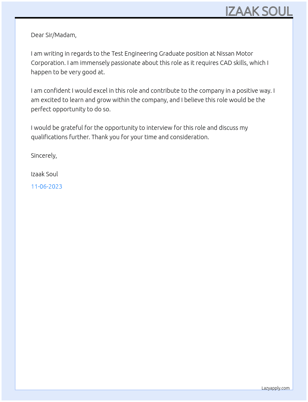 Test Engineering Graduate At Nissan Motor Corporation Cover Letter
