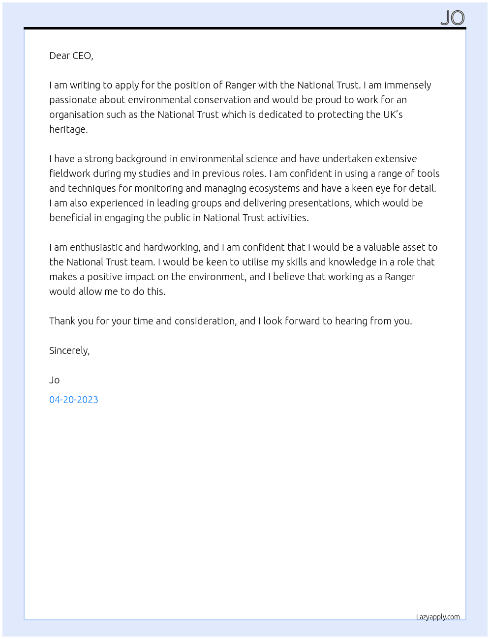 Ranger At national trust Cover Letter