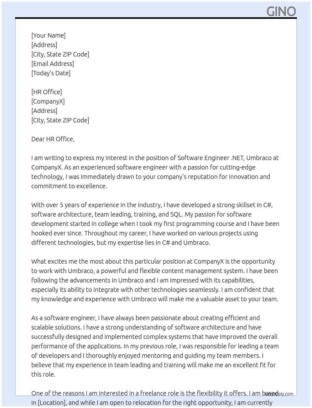 Software engineer .NET, Umbraco  At CompanyX Cover Letter