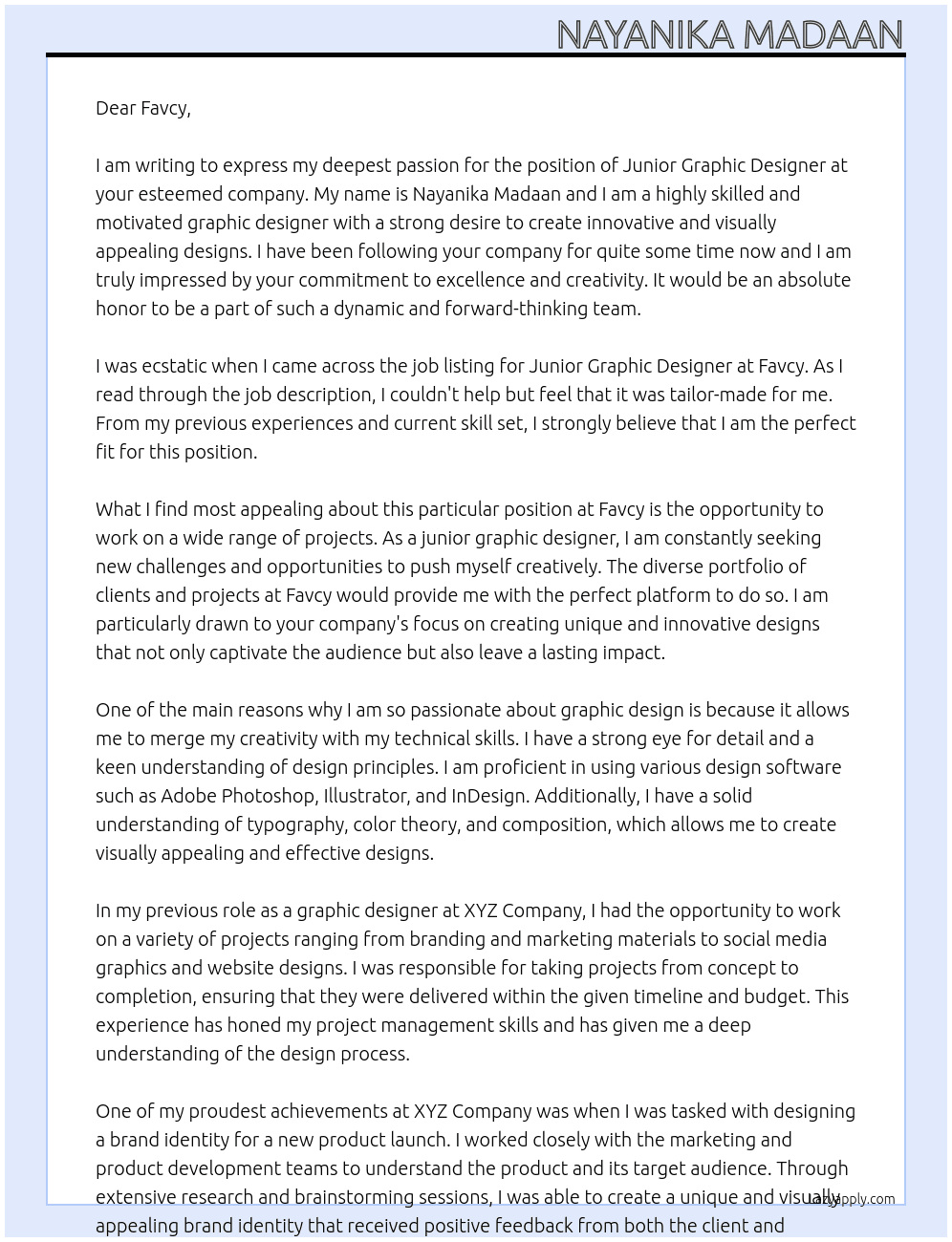 Junior Graphic Designer At favcy Cover Letter