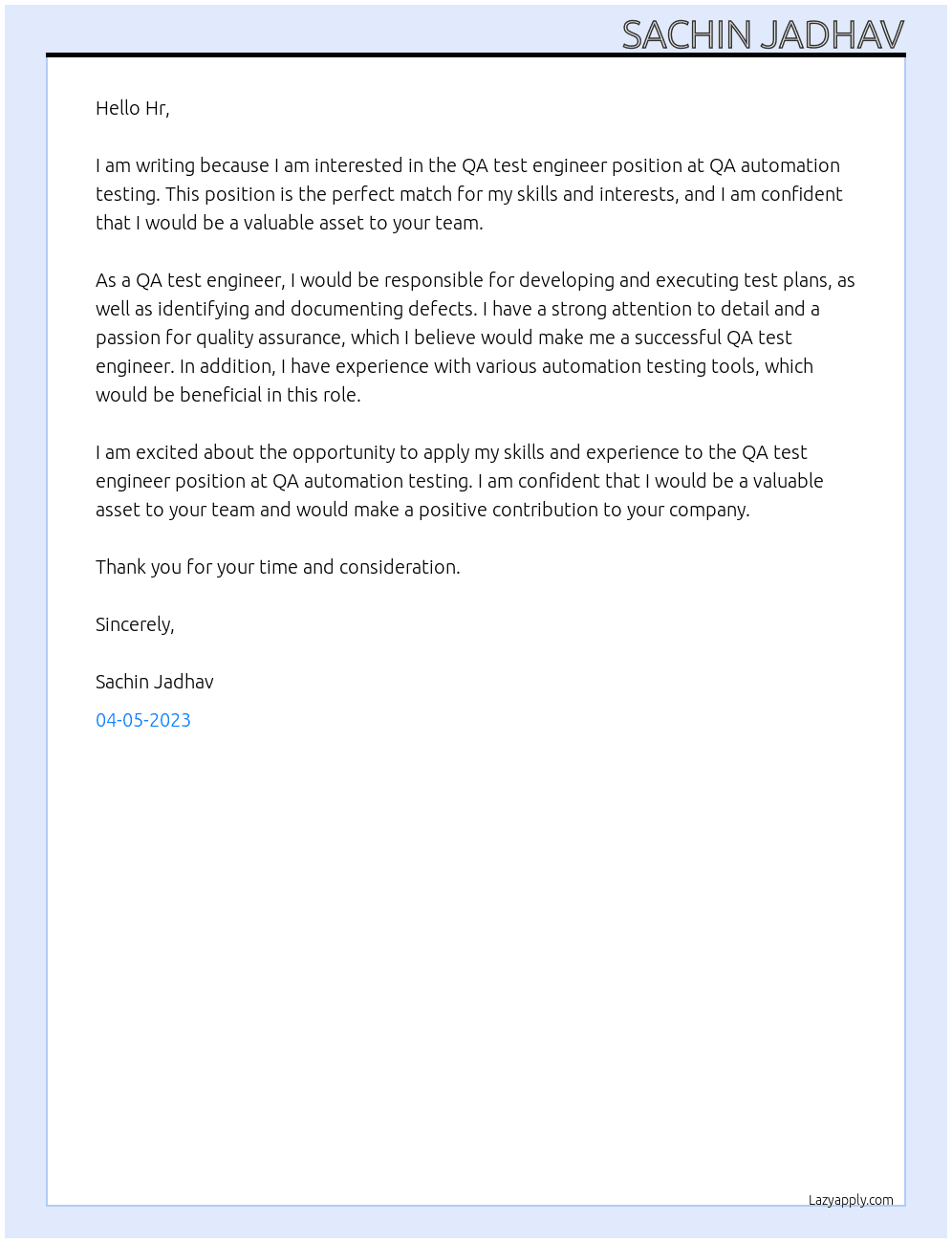 QA test engineer At QA automation testing Cover Letter