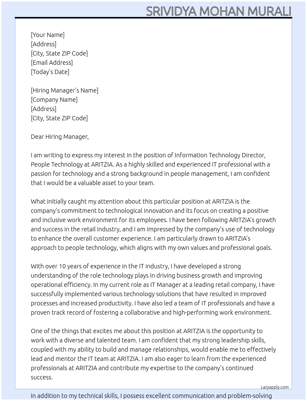 Information Technology - Director, People Technology At ARITZIA Cover Letter