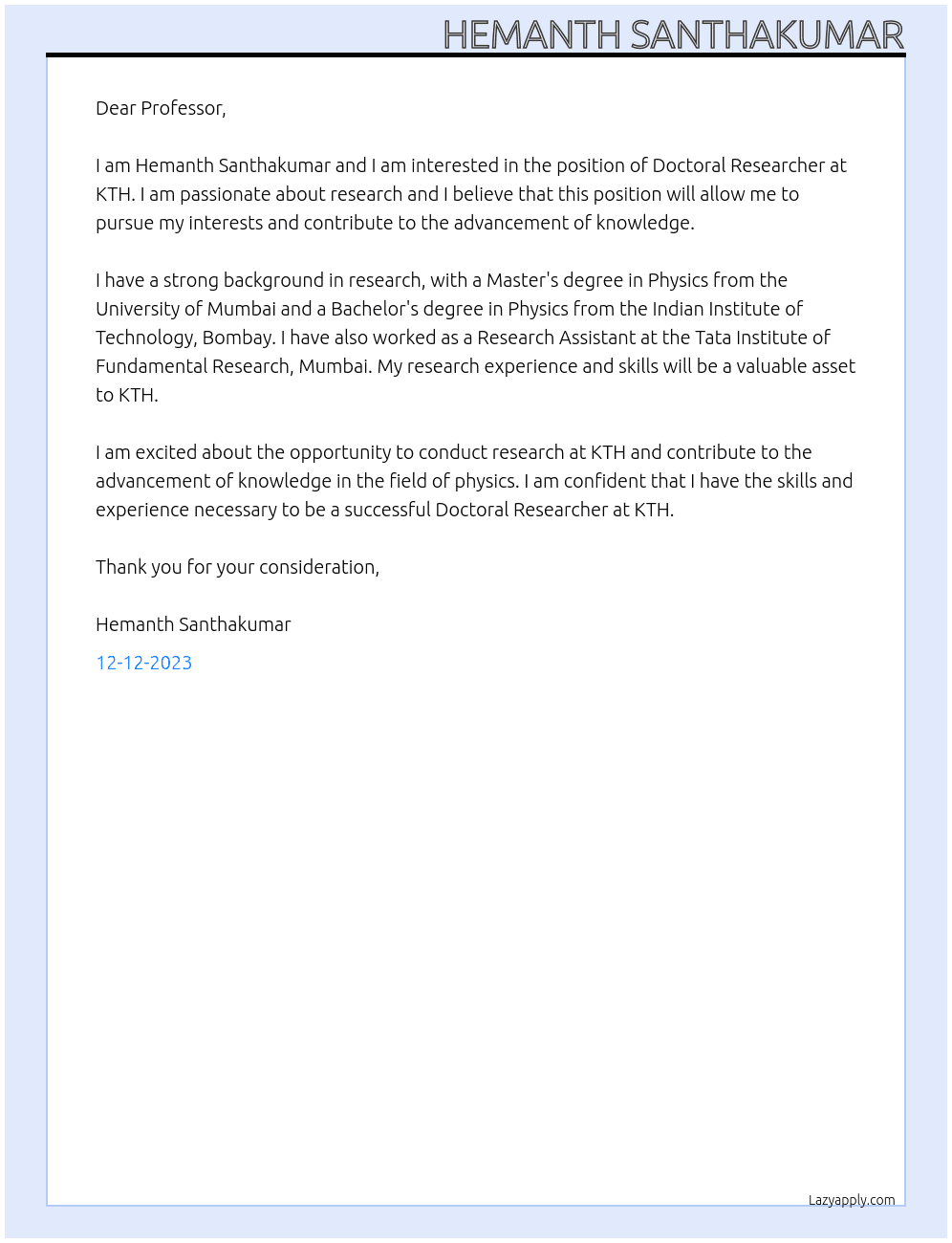 Doctoral Researcher At KTH Cover Letter