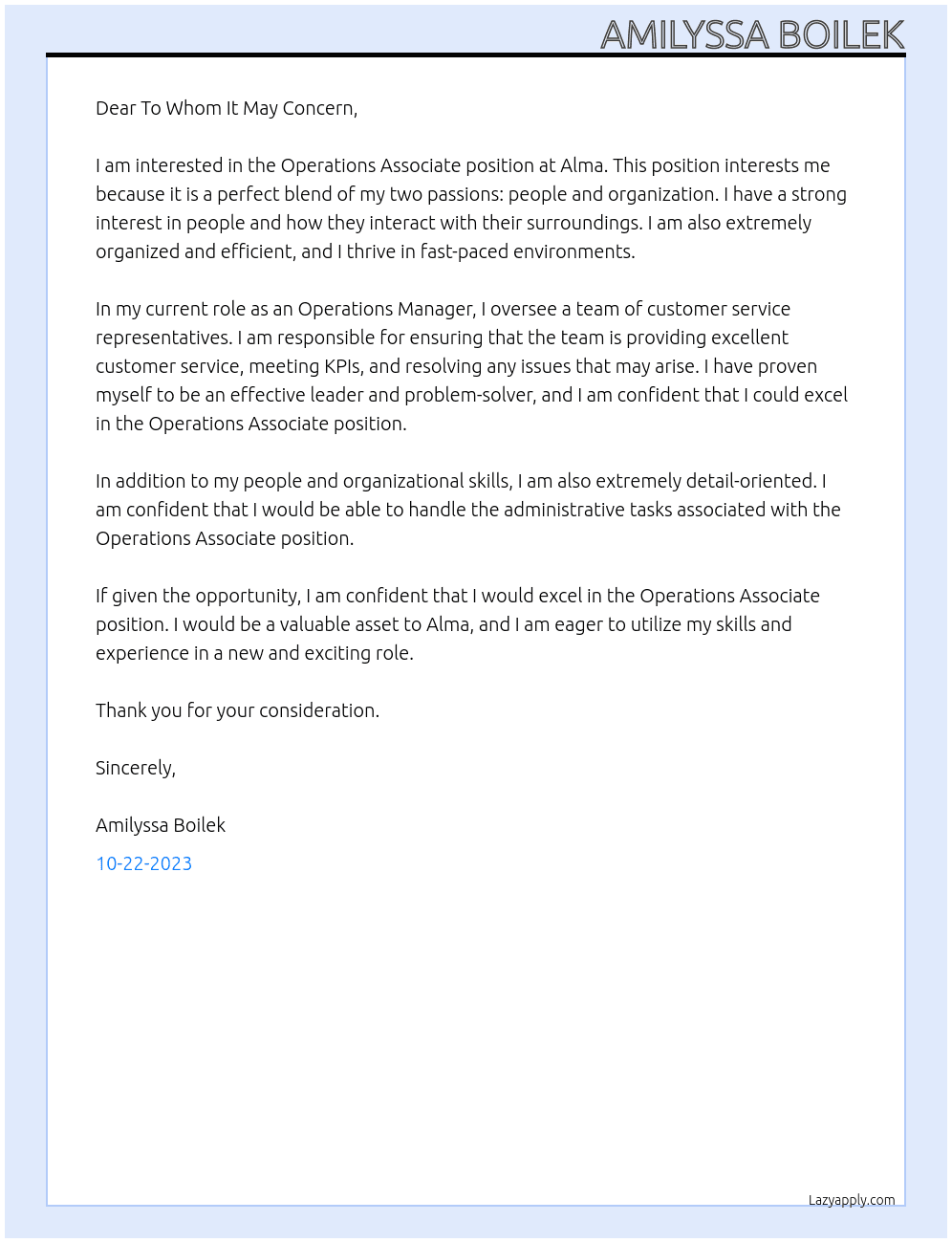 Operations Associate At Alma Cover Letter