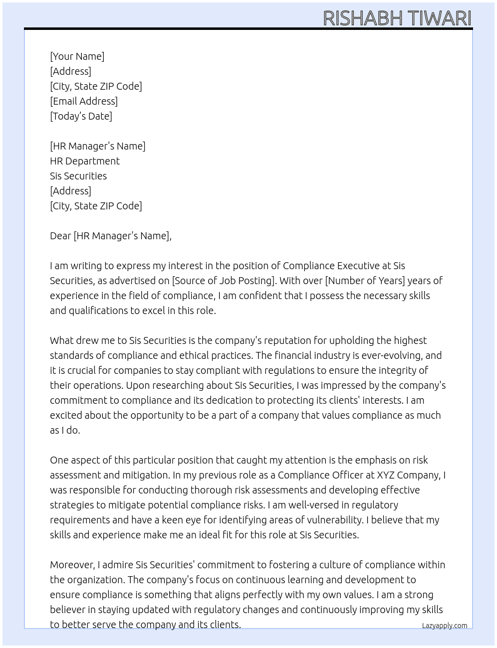 Compliance Executive At Sis Securities  Cover Letter