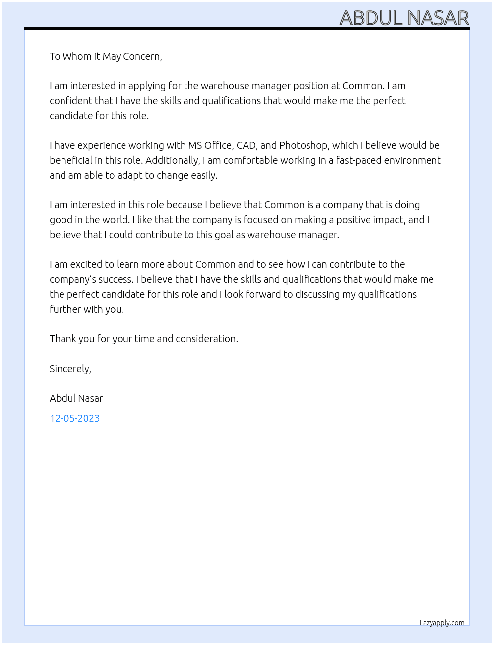 warehouse manager At common Cover Letter