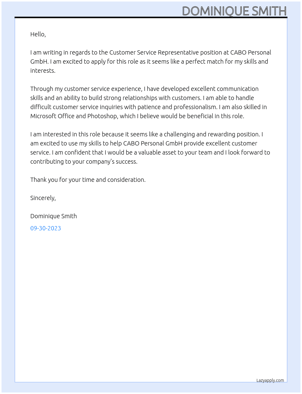 Customer Service Representative At CABO Cover Letter