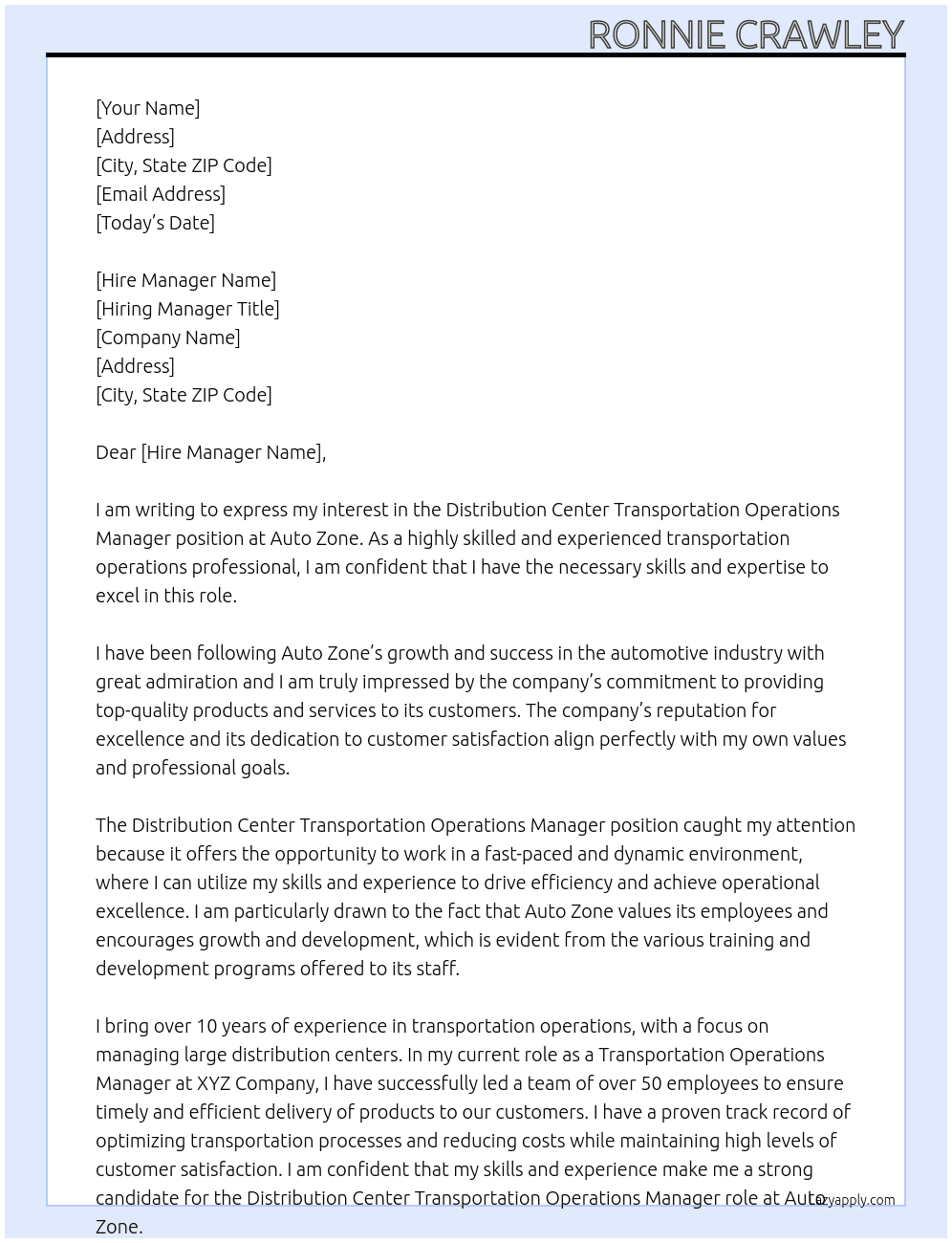 Distribution Center Transportation Operations Manager At Auto Zone Cover Letter