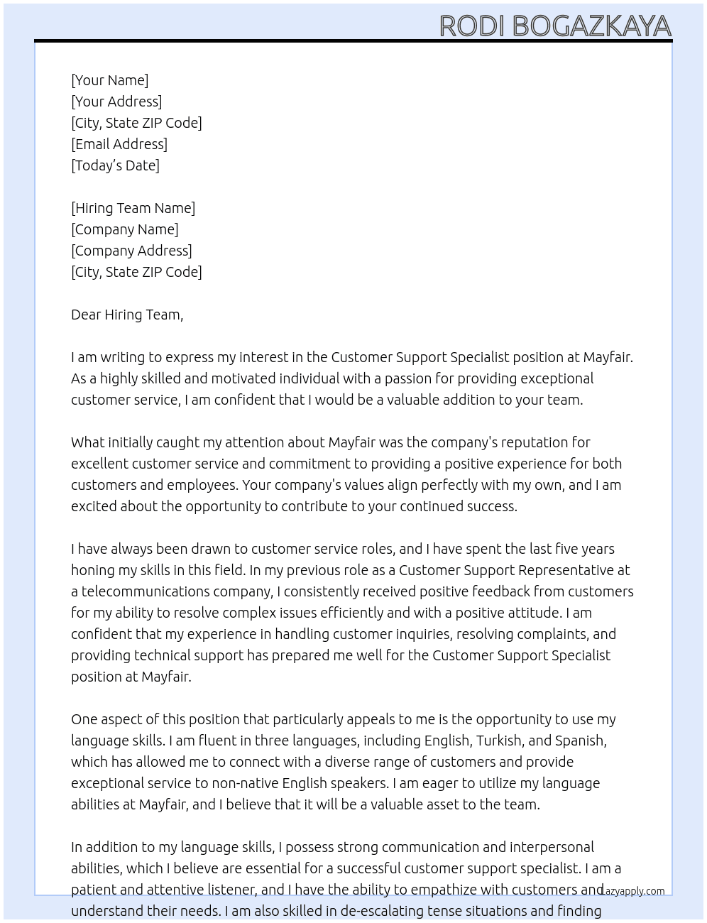 Customer support specialist At Mayfair Cover Letter