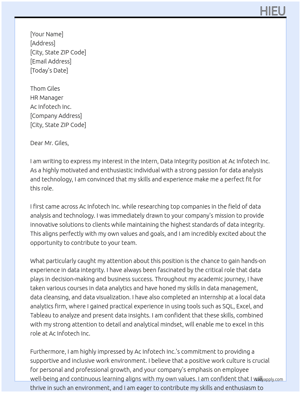 Intern, Data Integrity At Ac Infotech Inc. Cover Letter