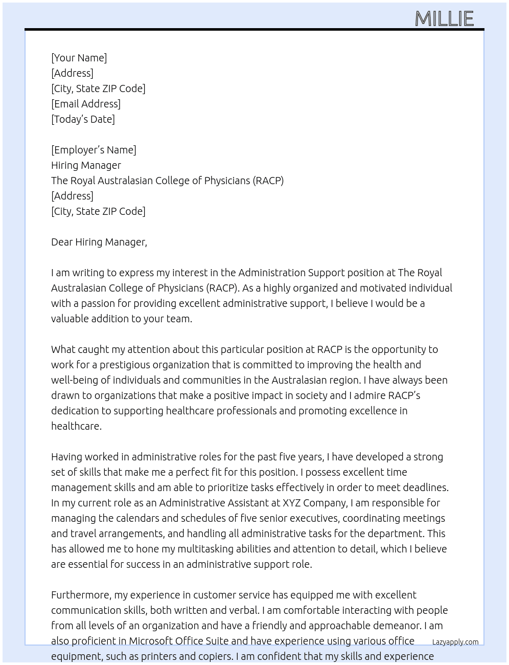 Cover letter for administration support - LazyApply