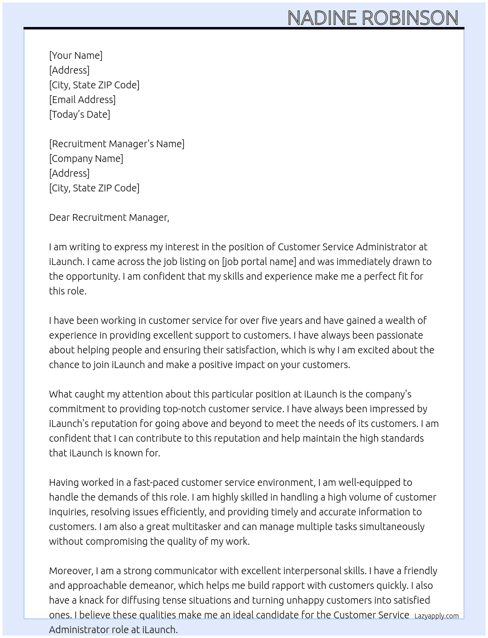 Customer service administrator At iLaunch Cover Letter