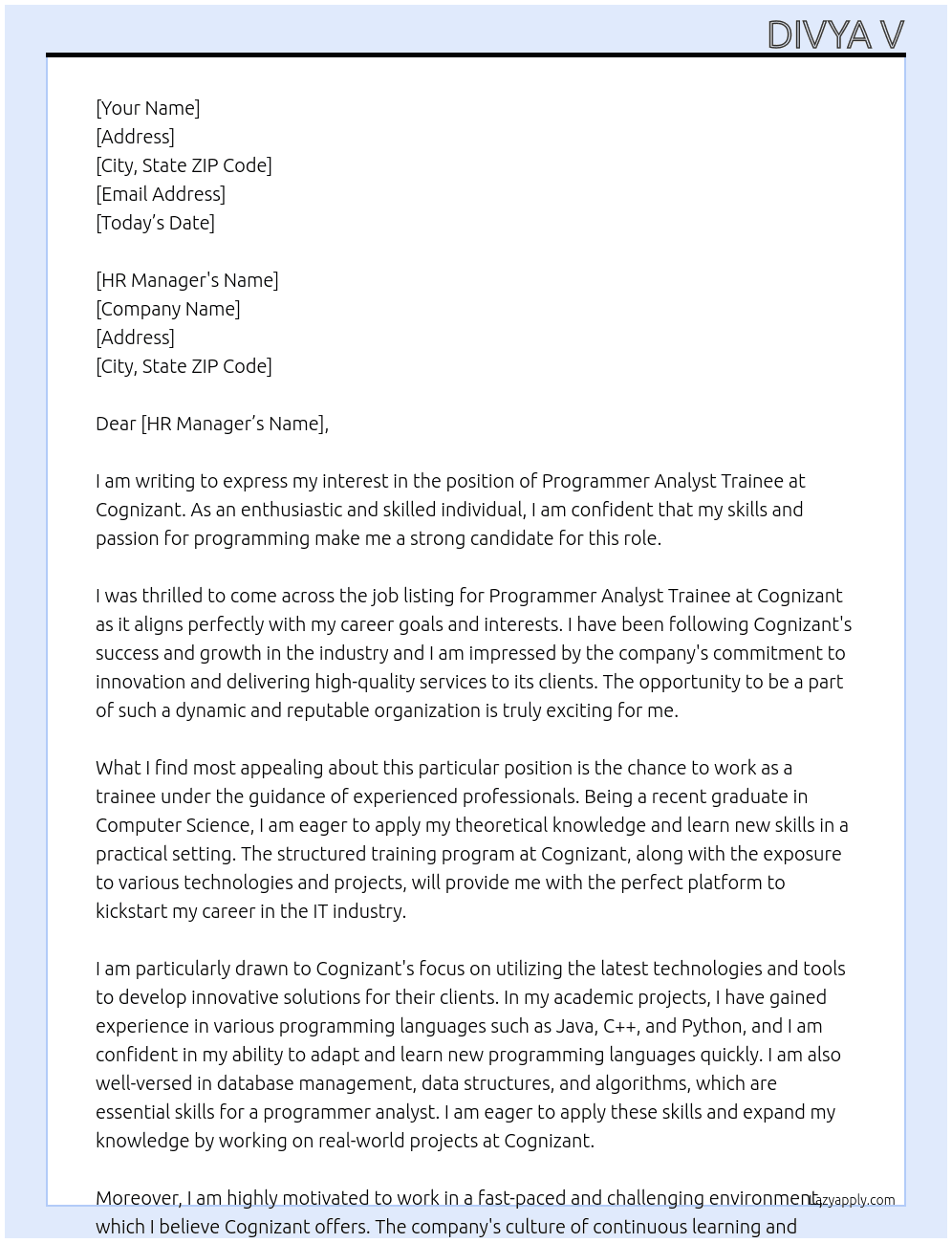 Programmer analyst trainee At Cognizant  Cover Letter