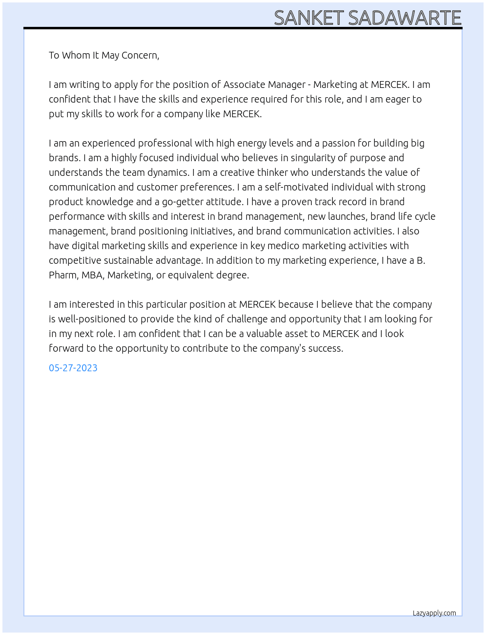 Associate Manager - Marketing At MERCEK Cover Letter