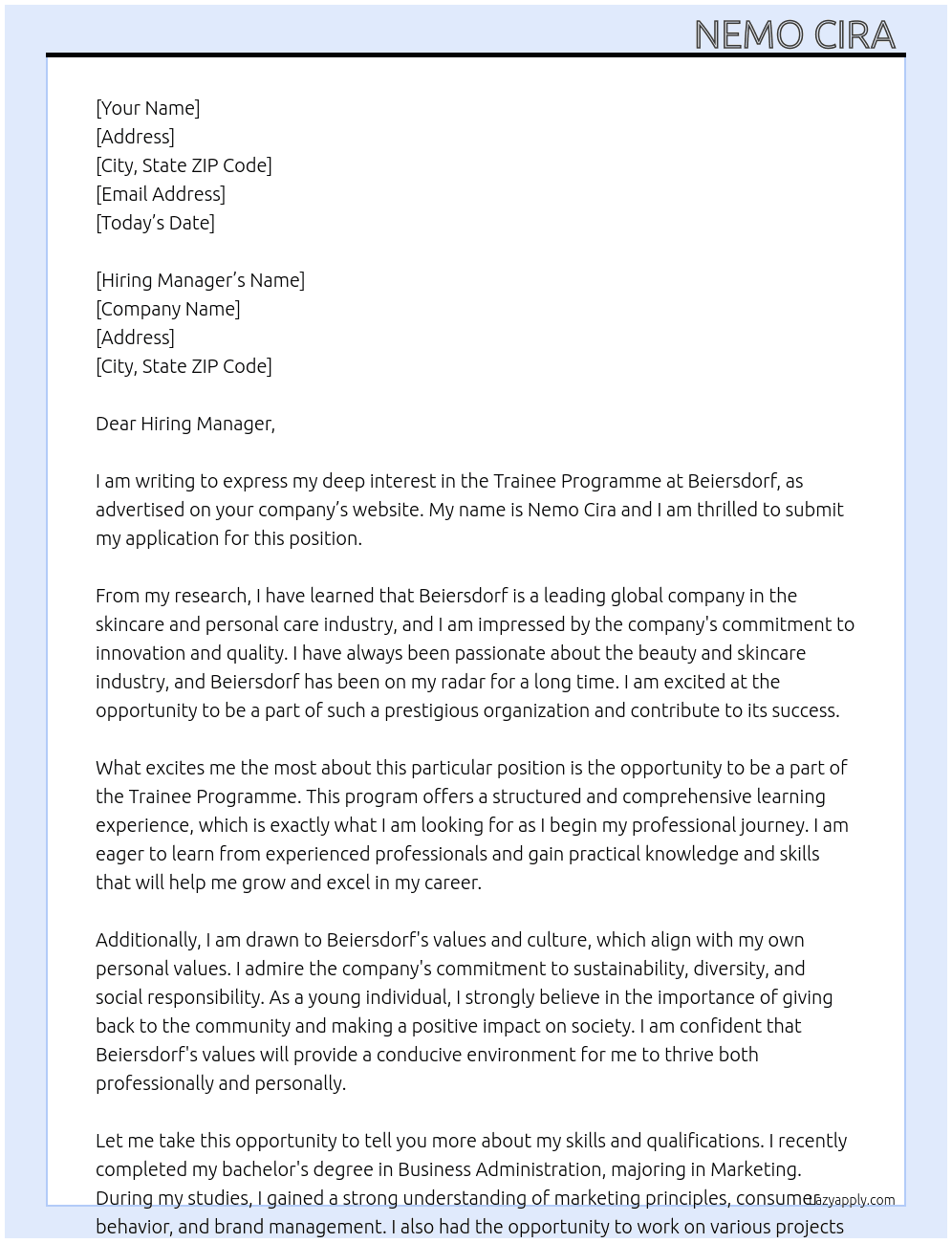 Trainee Programme  At beiersdorf  Cover Letter