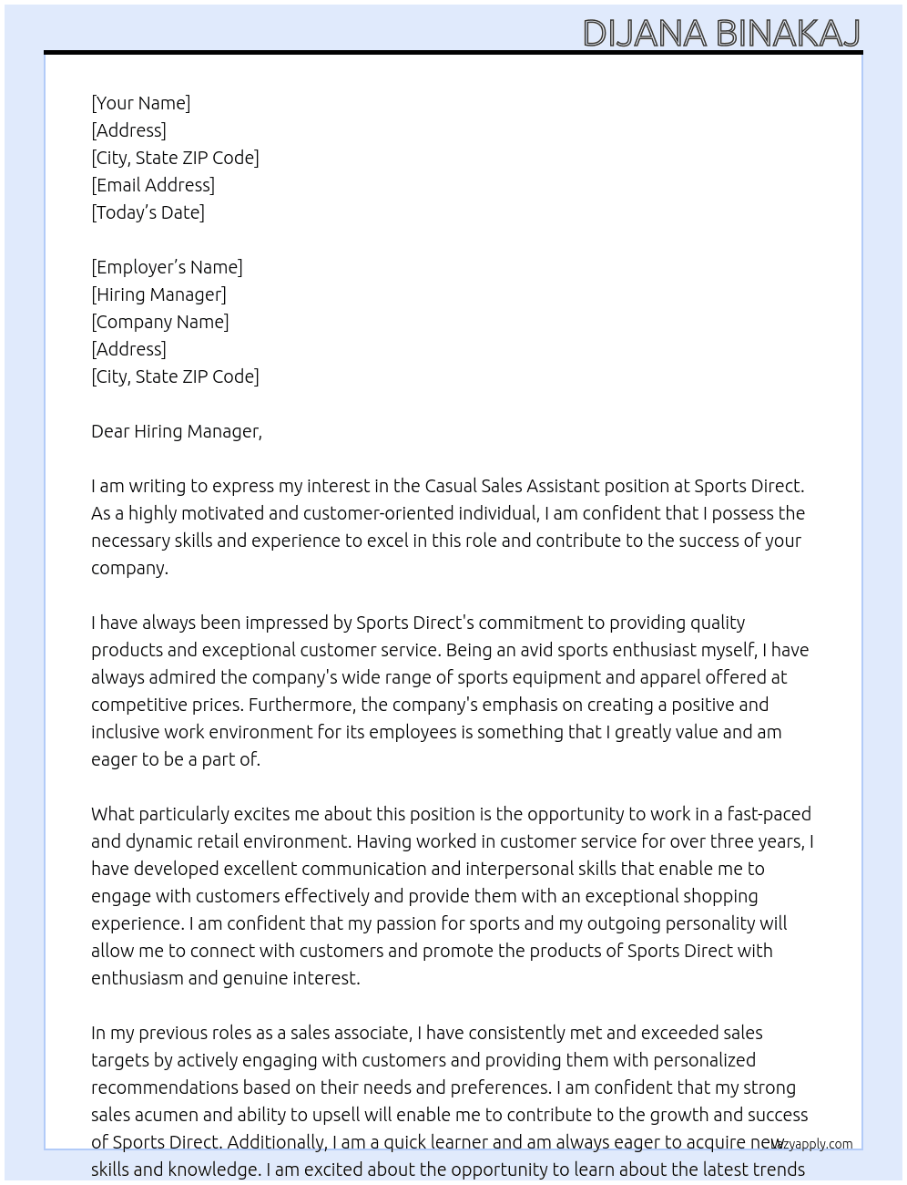 Casual Sales Assistant  At Sports Direct Cover Letter