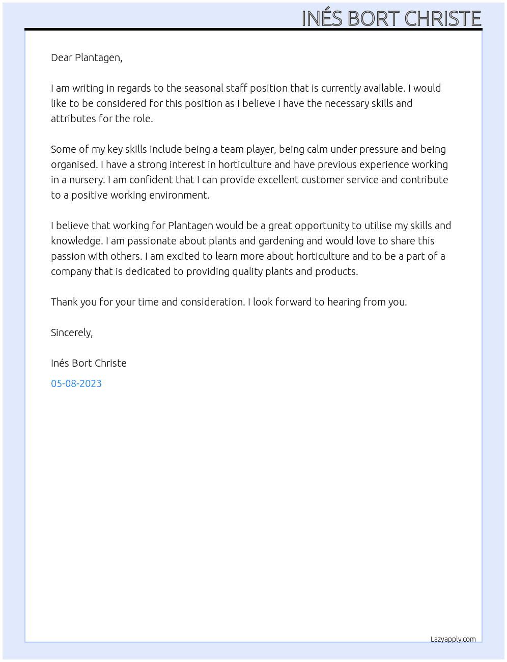 Seasonal staff  At Plantagen Cover Letter