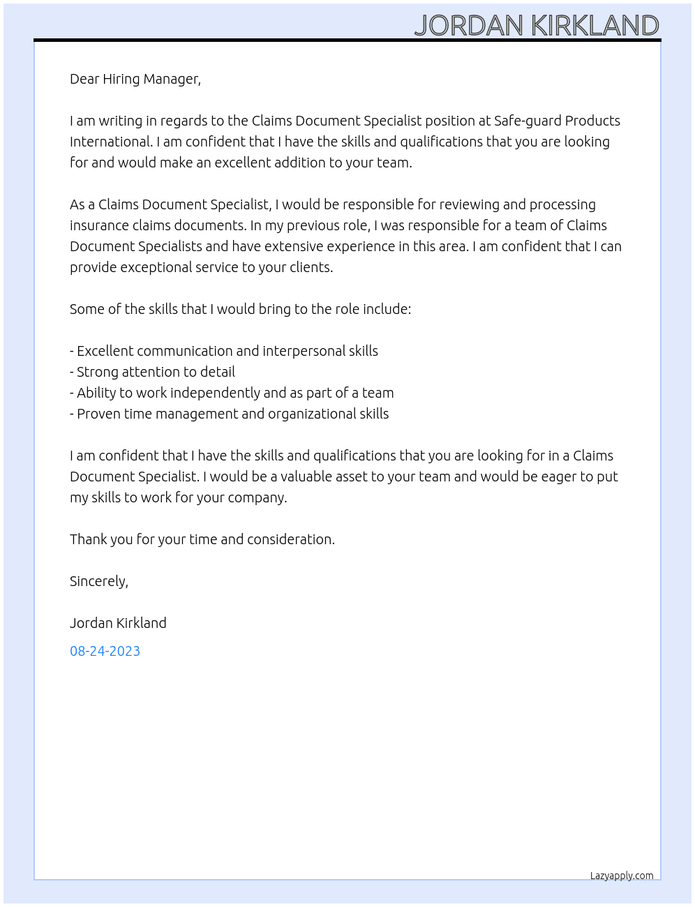Claims document specialist At Safe-guard products international Cover Letter