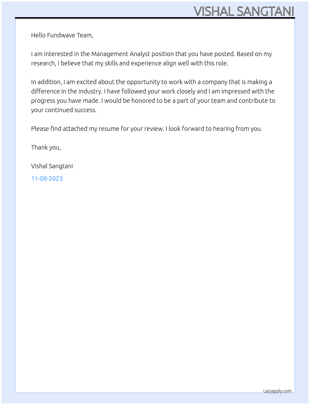 Management Analyst At Fundwave Cover Letter