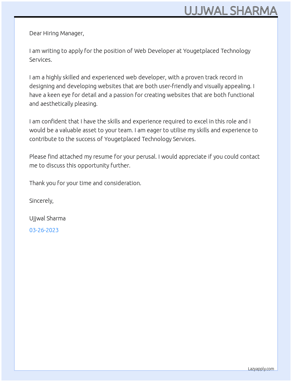 Web Developer  At Yougetplaced Technology Services Cover Letter